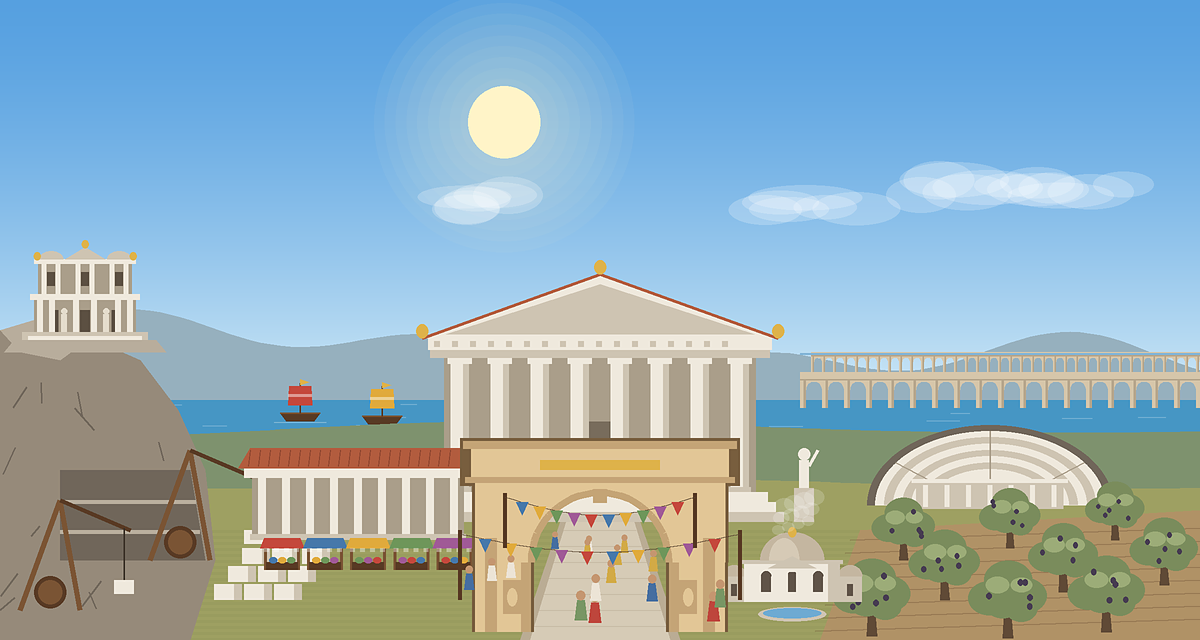 Tapınağı, agorası, amfitiyatrosu, hamamı, kayalık üstündeki kütüphanesi, su kemeri ve zafer takı olan, bayraklarla süslenmiş bir Civita şehri